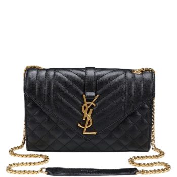 SAINT LAURENT ENVELOPE SMALL BAG IN MIX MATELASSE GRAIN DE POUDRE EMBOSSED BLACK GOLD 21CM