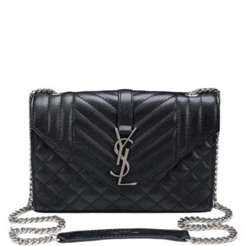 SAINT LAURENT ENVELOPE SMALL BAG IN MIX MATELASSE GRAIN DE POUDRE EMBOSSED BLACK SILVER 21CM