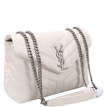 SAINT LAURENT LOULOU SMALL CHAIN BAG IN MATELASSE Y LEATHER WHITE SILVER 23CM