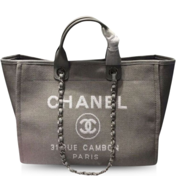 CHANEL GREY DEAUVILLE TOTE TWEED CANVAS BAG