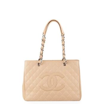 CHANEL GRAND SHOPPING TOTE BAG BEIGE CAVIAR 34CM