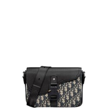 DIOR MINI SADDLE BAG WITH STRAP BEIGE AND BLACK CD OBLIQUE JACQUARD AND BLACK GRAINED CALFSKIN 23CM