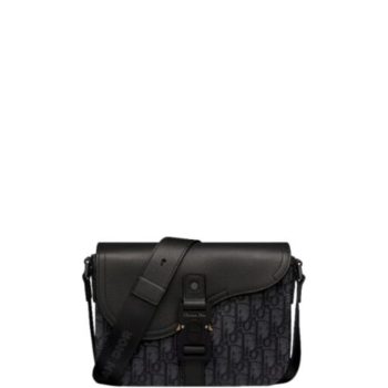DIOR MINI SADDLE BAG WITH STRAP BLACK CD OBLIQUE JACQUARD AND GRAINED CALFSKIN 23CM