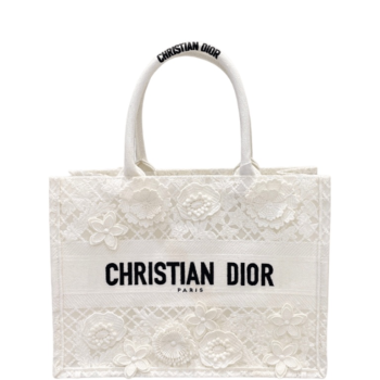 DIOR 36CM WHITE D-LACE EMBROIDERY WITH 3D MACRAME EFFECT TOTE BAG