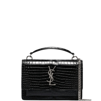 SAINT LAURENT SUNSET CROC BAG EMBOSSED SHINY BLACK SILVER